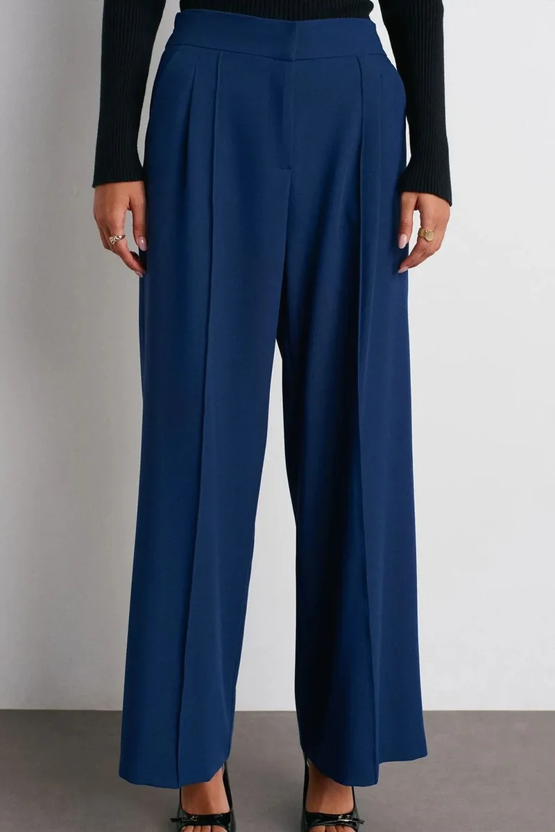 Dilvin Navy Blue DILVIN High-Waist Wide-Leg Pleated Trousers for Women | Best Price UAE