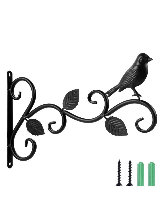 Black Steel Wall Mount Hanging Basket Bracket with Bird Decor for Outdoor Plants, Lanterns, and Bird  Feeders - Image 1