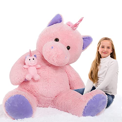 MorisMos Giant Stuffed Unicorn 4 Foot 51 Giant Unicorn Stuffed Animal with Baby Pony Doll for Girl Boy Kid Mother Jumbo Pink Stuffed Animal for Baby Shower Birthday Christmas Valentines - Image 1