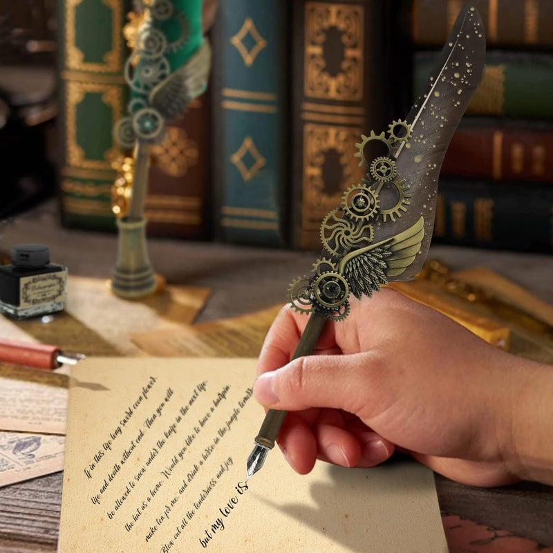 PLUSPOINT طقم قلم ريشة قديم وحبر، قلم حبر فاخر أنيق للكتابة مع شمع للتوقيع، ديكور رجعي، قلم غمس، قرطاسية مكتبية، هدايا الشركات للتوقيع، أسود - Image 1