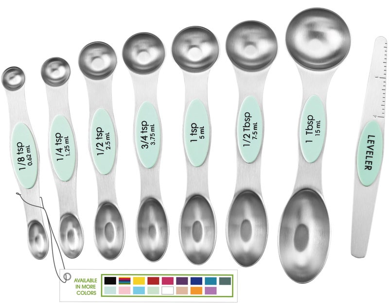 Spring Chef Stainless Steel Magnetic Measuring Spoons Set of 8 with Leveler, Nesting Metal Teaspoon & Tablespoon Measuring Spoons, Kitchen Gadgets for Baking & Cooking, Fits in Spice Jars - Mint - Image 1