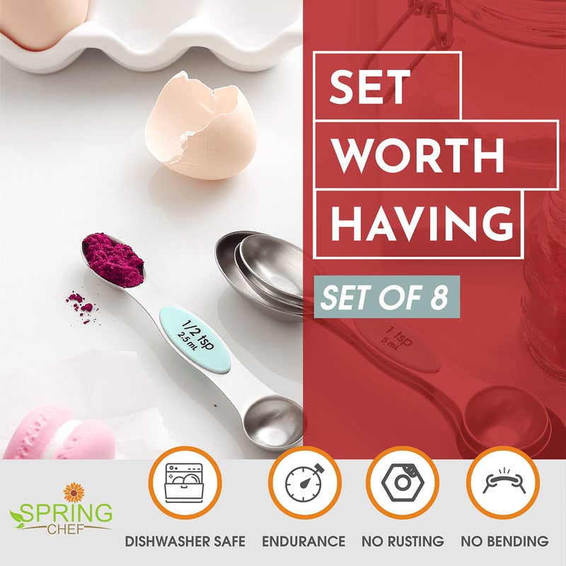 Spring Chef Stainless Steel Magnetic Measuring Spoons Set of 8 with Leveler, Nesting Metal Teaspoon & Tablespoon Measuring Spoons, Kitchen Gadgets for Baking & Cooking, Fits in Spice Jars - Mint - Image 3