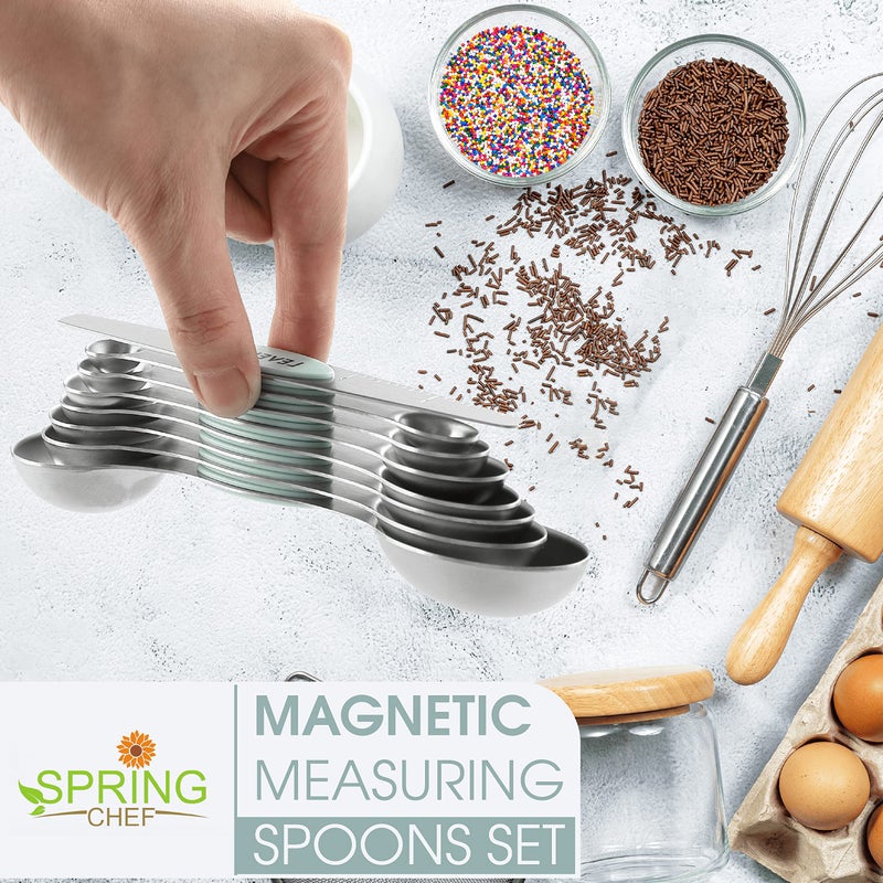 Spring Chef Stainless Steel Magnetic Measuring Spoons Set of 8 with Leveler, Nesting Metal Teaspoon & Tablespoon Measuring Spoons, Kitchen Gadgets for Baking & Cooking, Fits in Spice Jars - Mint - Image 2