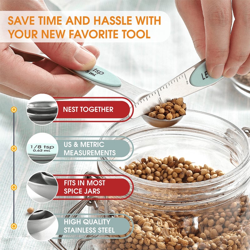 Spring Chef Stainless Steel Magnetic Measuring Spoons Set of 8 with Leveler, Nesting Metal Teaspoon & Tablespoon Measuring Spoons, Kitchen Gadgets for Baking & Cooking, Fits in Spice Jars - Mint - Image 5