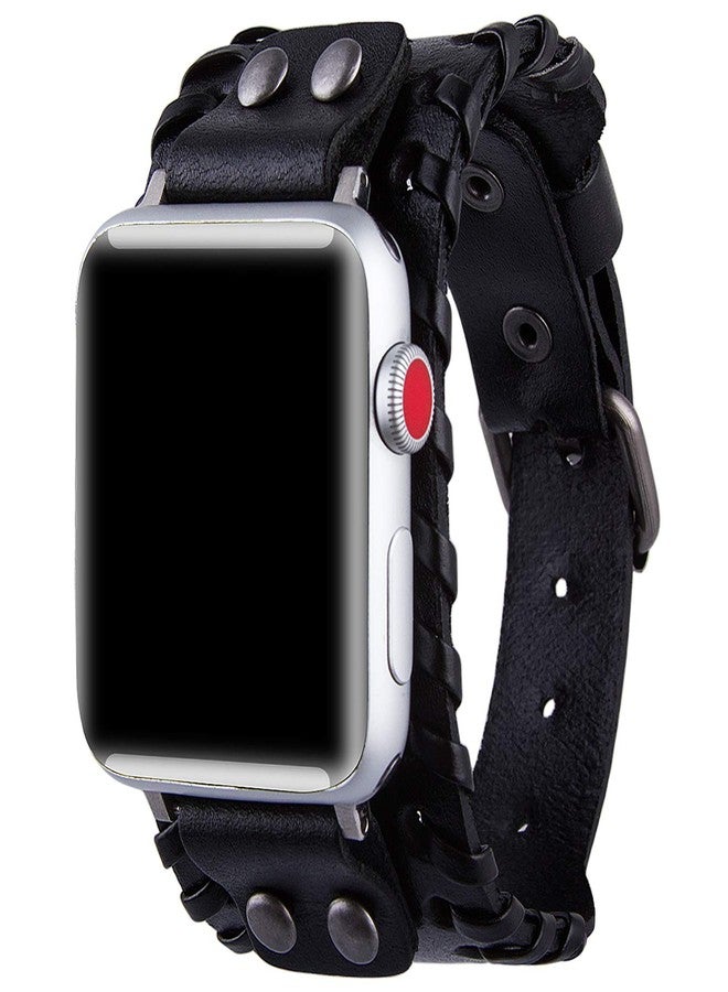 VIKOROS Compatible with Apple Watch Ultra SE Series 8 7 6 5 4 3 44mm 42mm 45mm 49mm Band for Men Women, Unisex Retro Nordic Viking Cuff Bracelet Leather Band Compatible with Iwatch Bands Black - Image 2