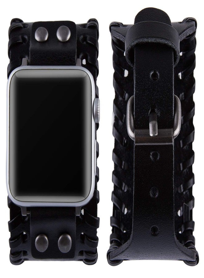 VIKOROS Compatible with Apple Watch Ultra SE Series 8 7 6 5 4 3 44mm 42mm 45mm 49mm Band for Men Women, Unisex Retro Nordic Viking Cuff Bracelet Leather Band Compatible with Iwatch Bands Black - Image 1