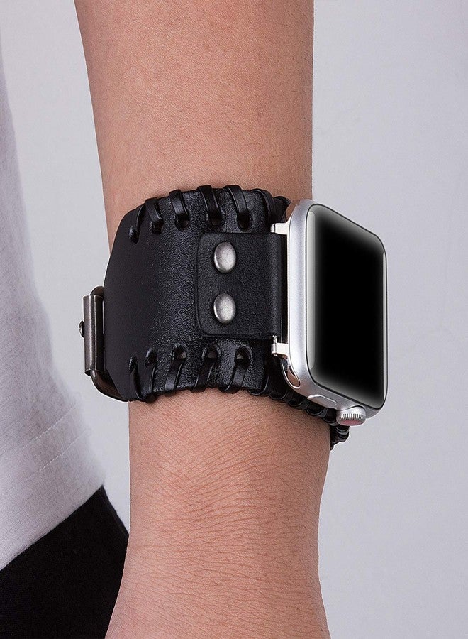 VIKOROS Compatible with Apple Watch Ultra SE Series 8 7 6 5 4 3 44mm 42mm 45mm 49mm Band for Men Women, Unisex Retro Nordic Viking Cuff Bracelet Leather Band Compatible with Iwatch Bands Black - Image 3