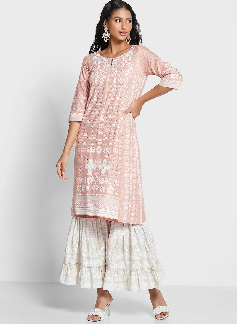 W Crew Neck Printed Kurti