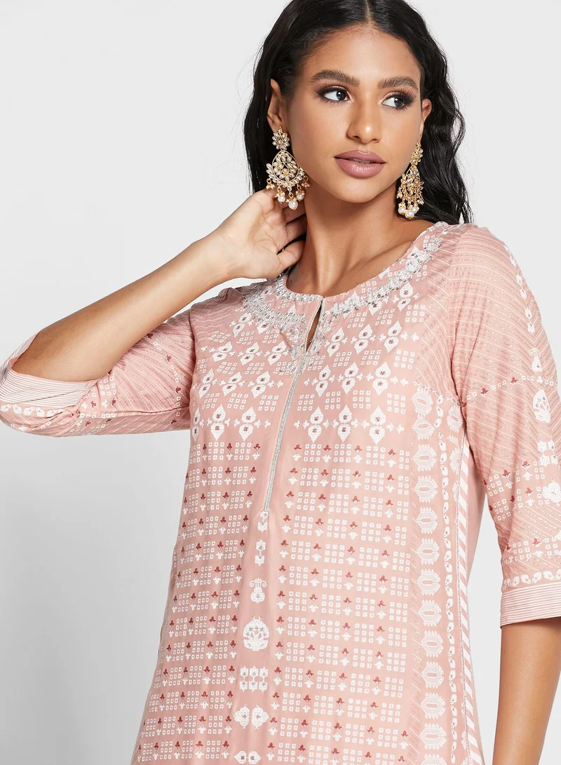 W Crew Neck Printed Kurti