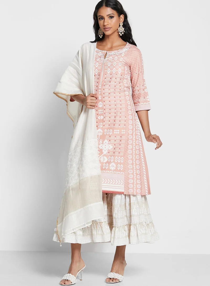 W Crew Neck Printed Kurti