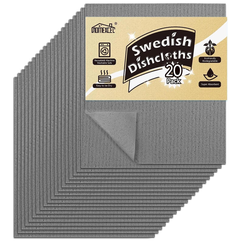HOMEXCEL Swedish Dishcloths for Kitchen 20 Pack Sponge Dish Cloth for Counters Washing Dishes Reusable and Absorbent Paper Towels Grey