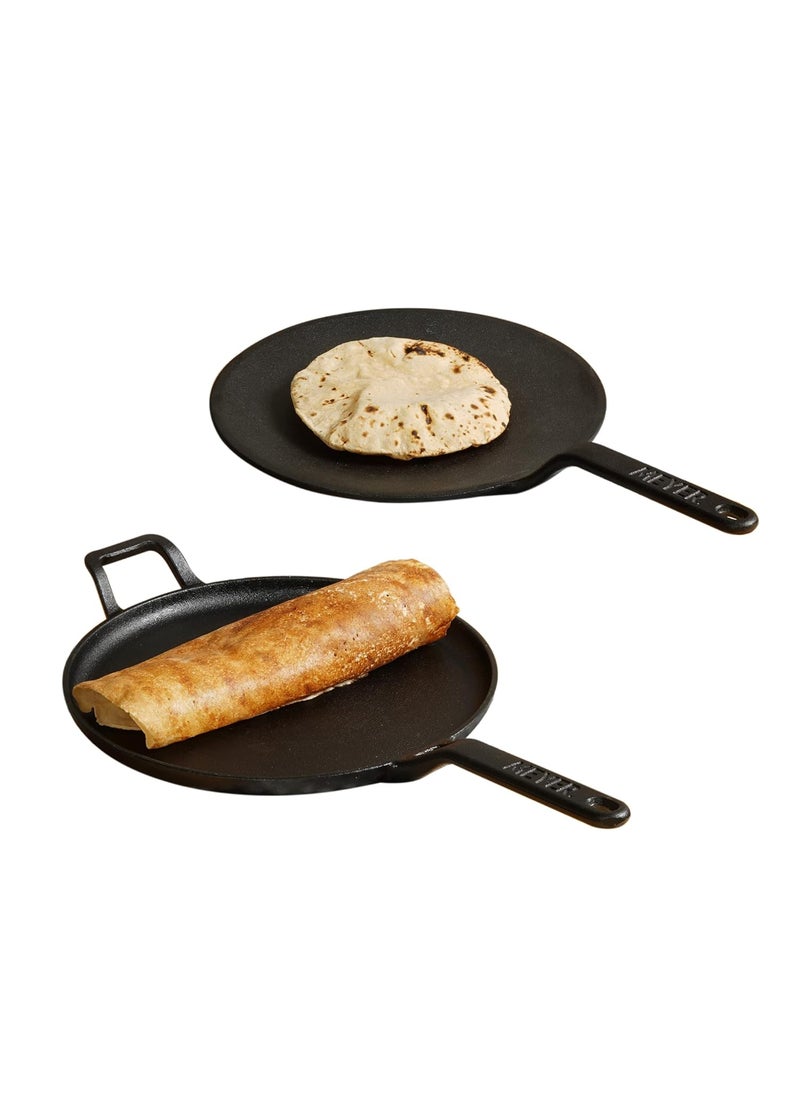 MEYER Meyer Pre-Seasoned Cast Iron Cookware Set - 28cm Flat Dosa Tawa + 26cm Roti Tawa | Set Combo Offer for Kitchen | Iron Utensils for Cooking | Induction Cookware Set, Black  - Image 1