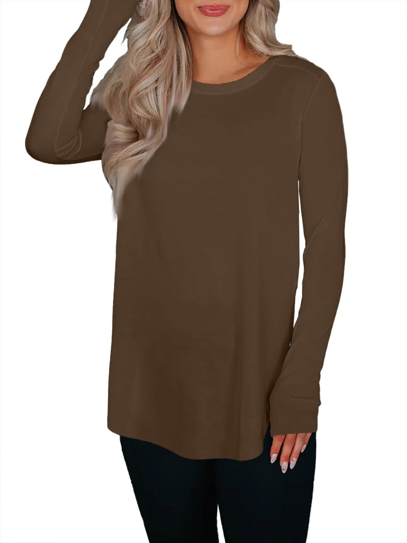BZB Womens Long Sleeve Tunic Tops Fall Casual Crew Neck Side Split Hi-Low Hem Loose Shirts To Wear With Leggings Brown - Image 5