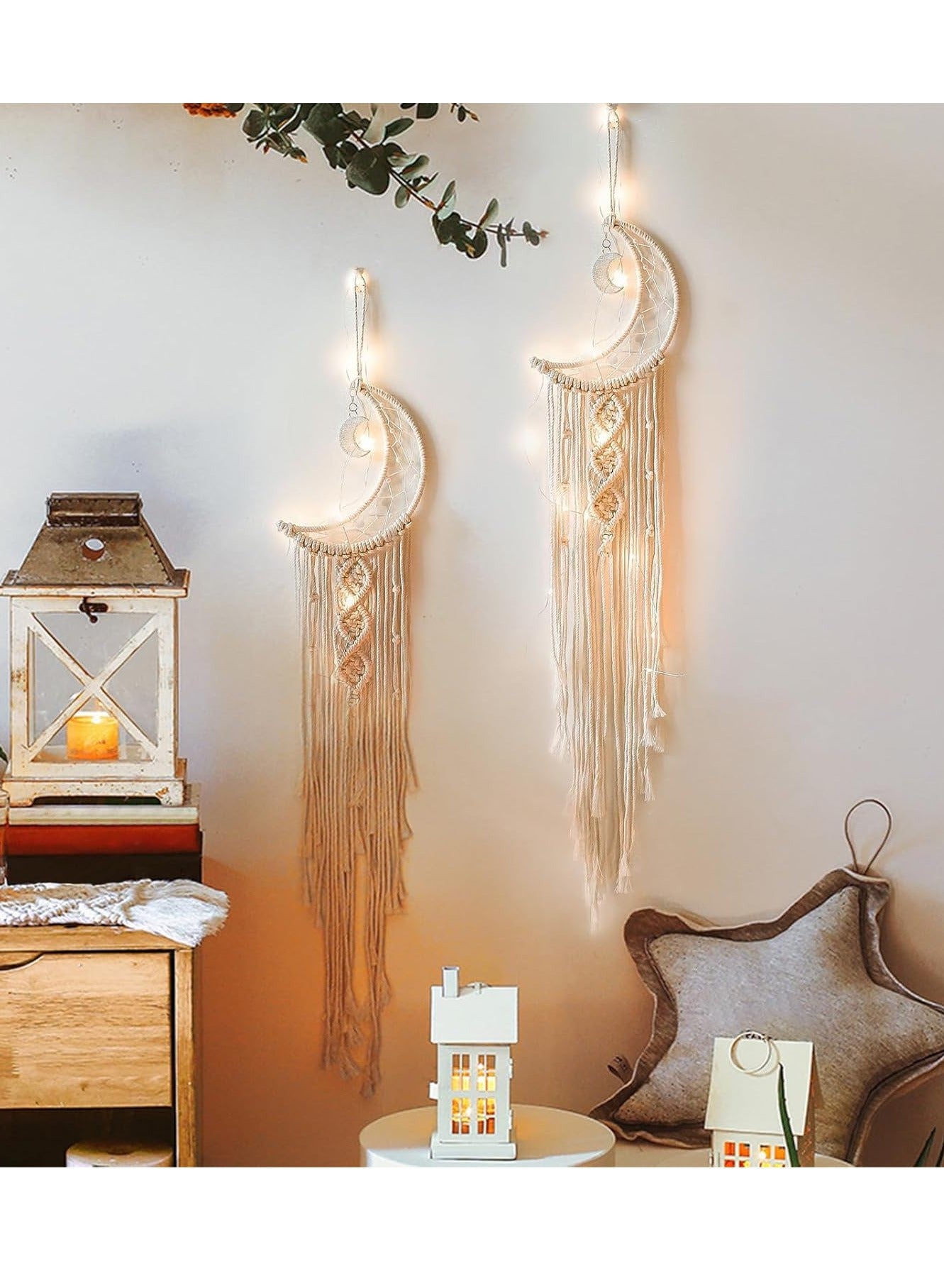 Set of 2 Moon Macramé Wall Hangings with Cascading Fringe – Boho Decor