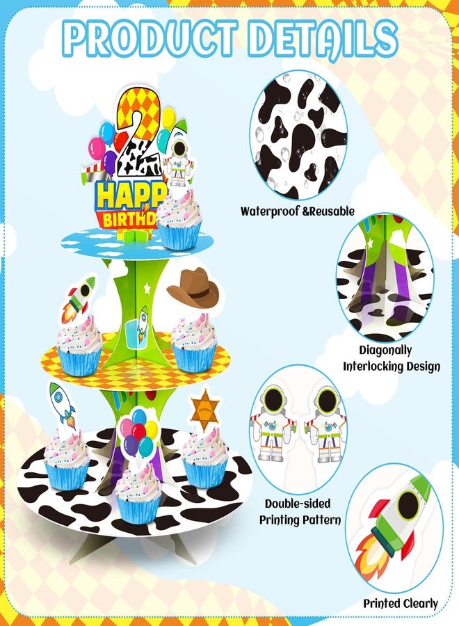 CHENRINDECO 3-Tier 2nd Birthday Cartoon Story Themed Cupcake Stand (with Flags), Blue Sky, White Clouds and Small Rocket Paper Party Cake Stand, Suitable for Cartoon Party Supplies - Image 5
