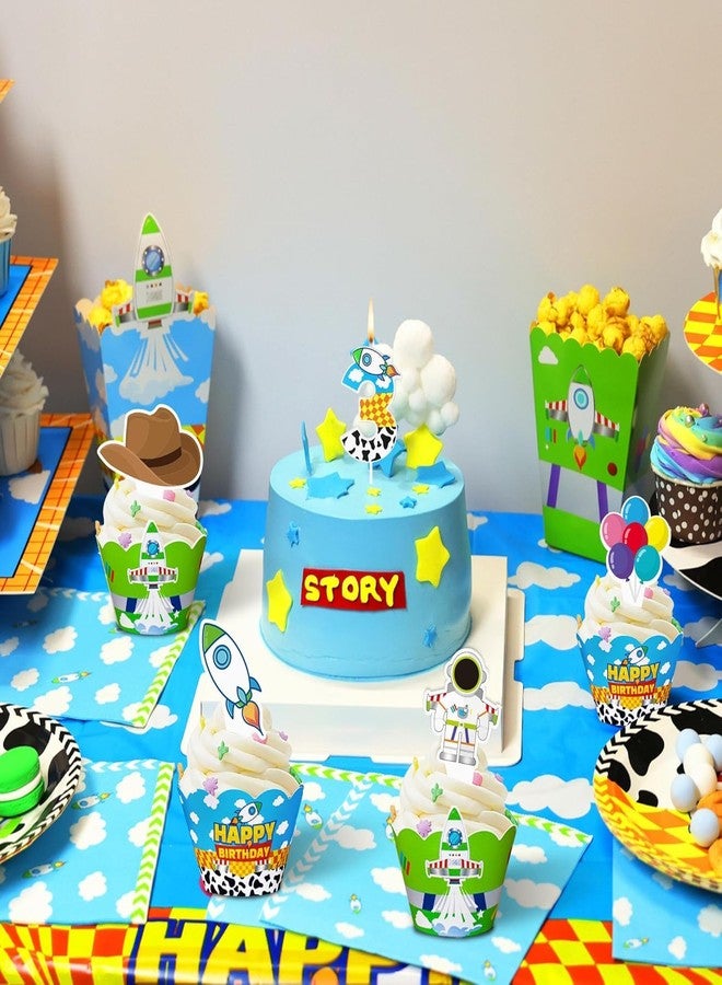 CHENRINDECO 3-Tier 2nd Birthday Cartoon Story Themed Cupcake Stand (with Flags), Blue Sky, White Clouds and Small Rocket Paper Party Cake Stand, Suitable for Cartoon Party Supplies - Image 3