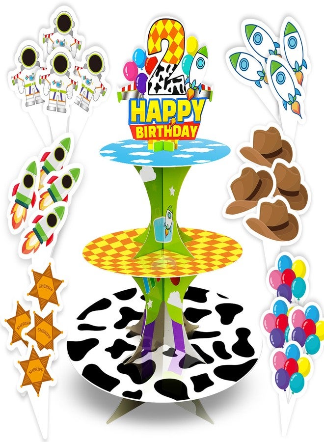 CHENRINDECO 3-Tier 2nd Birthday Cartoon Story Themed Cupcake Stand (with Flags), Blue Sky, White Clouds and Small Rocket Paper Party Cake Stand, Suitable for Cartoon Party Supplies - Image 1