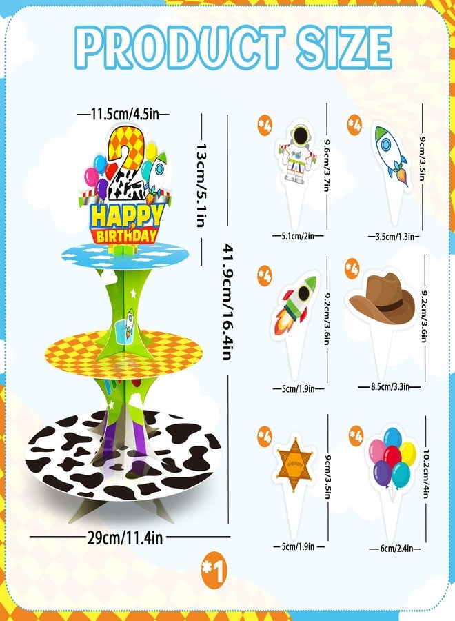 CHENRINDECO 3-Tier 2nd Birthday Cartoon Story Themed Cupcake Stand (with Flags), Blue Sky, White Clouds and Small Rocket Paper Party Cake Stand, Suitable for Cartoon Party Supplies - Image 4