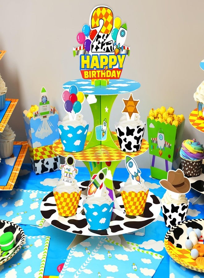 CHENRINDECO 3-Tier 2nd Birthday Cartoon Story Themed Cupcake Stand (with Flags), Blue Sky, White Clouds and Small Rocket Paper Party Cake Stand, Suitable for Cartoon Party Supplies - Image 2