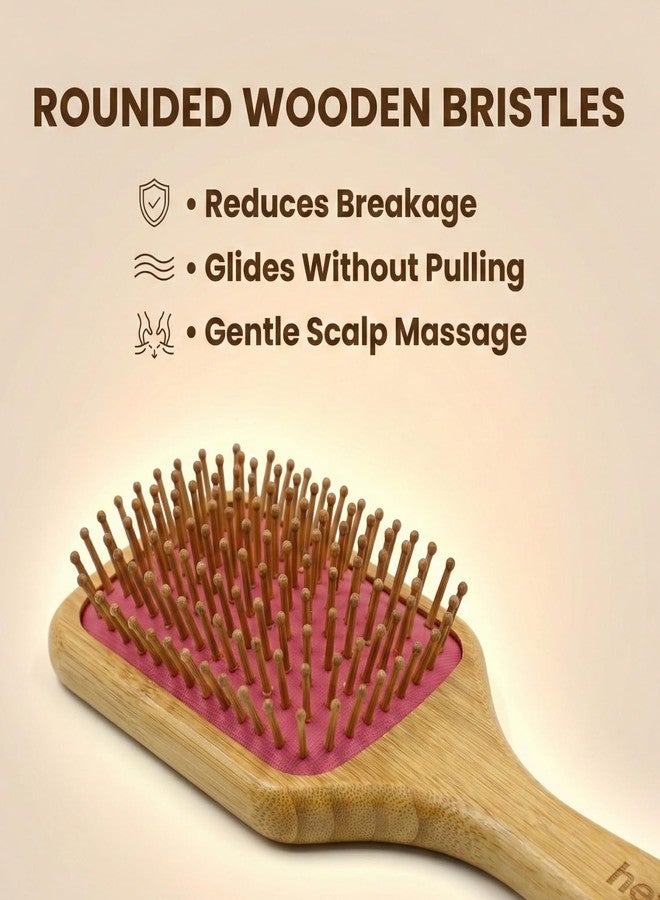 Heff Bamboo Hair Brush, Dark Pink, Paddle Brush with Wooden Bristles - Image 4