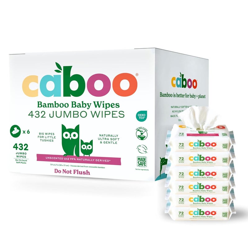 CABOO Baby Wipes, Made with Bamboo Viscose, Certified Made Safe Ingredients, Unscented Baby Wipes Good for Sensitive Skin, 72 Wipes Per Travel Pack, Total of 432 Wet Wipes - Image 1