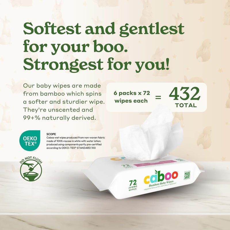 CABOO Baby Wipes, Made with Bamboo Viscose, Certified Made Safe Ingredients, Unscented Baby Wipes Good for Sensitive Skin, 72 Wipes Per Travel Pack, Total of 432 Wet Wipes - Image 2