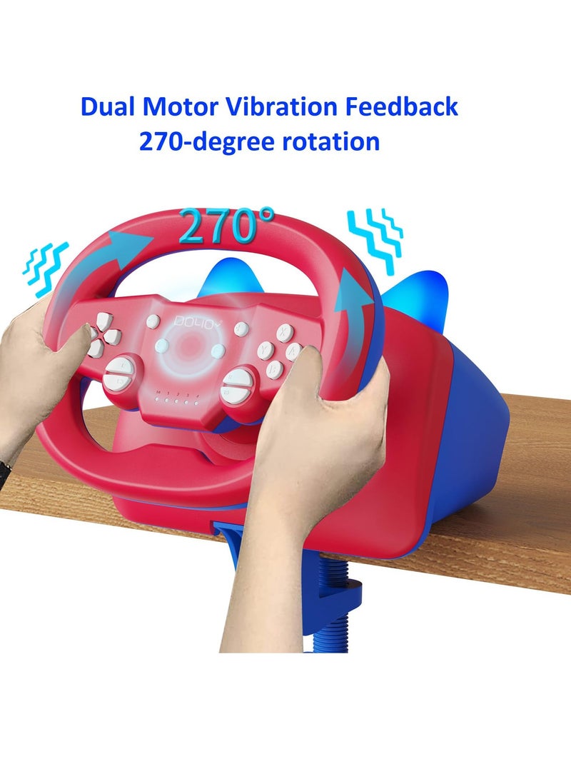 Wireless Gaming Racing Wheel with Cat Ear Light, Bluetooth Wired Dual-Mode Steering Wheel for Nintendo Switch, PC, PS4, PS3, ios/Android mobile phones, Tablets Red Blue - Image 5