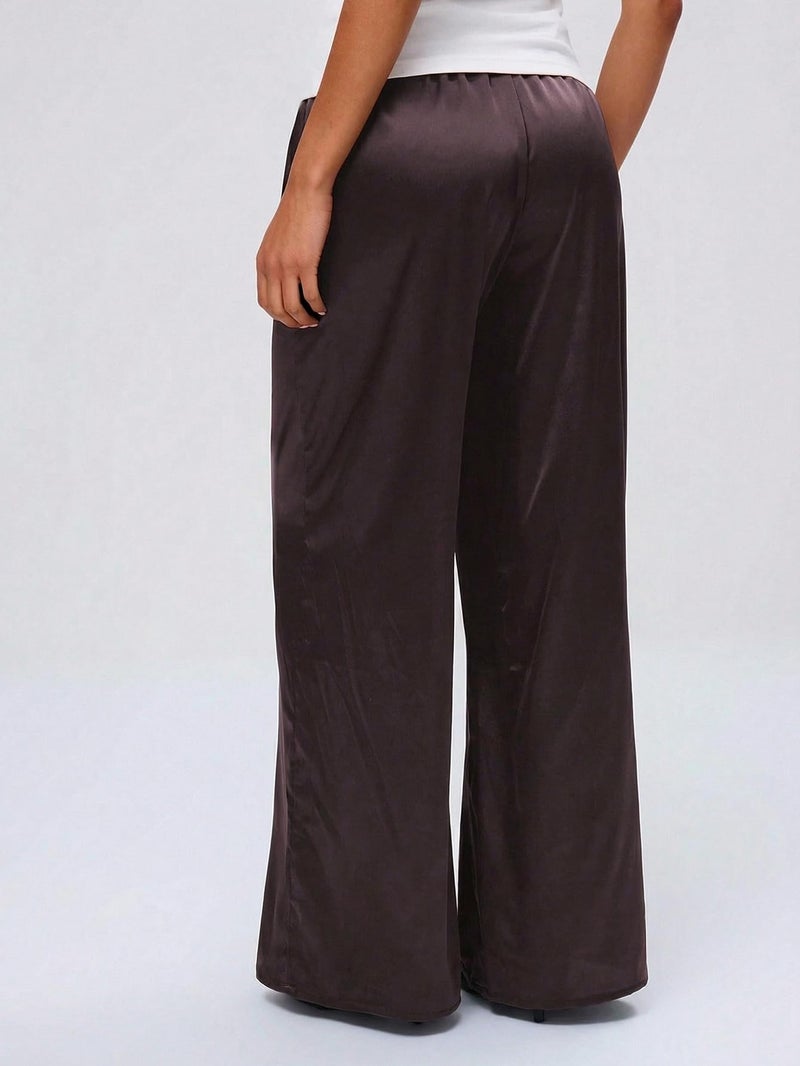 MakeMeChic Women's Summer Satin Silk Pants Casual Flowy Pants Beach Vacation Wide Leg Pants Chocolate Brown Large - Image 2