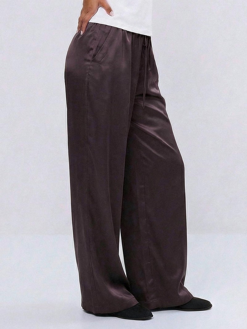 MakeMeChic Women's Summer Satin Silk Pants Casual Flowy Pants Beach Vacation Wide Leg Pants Chocolate Brown Large - Image 3