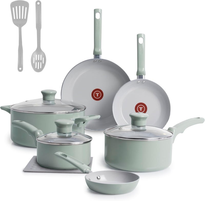T-fal Tefal Ceramic Refresh, Ceramic Nonstick Cookware Set 12 Piece, Oven Broiler Safe 350F, Cookware, Kitchen Cooking Set w/Fry Pans, Saucepans, & Kitchen Utensils, Pots, Pans, Mint Green - Image 1