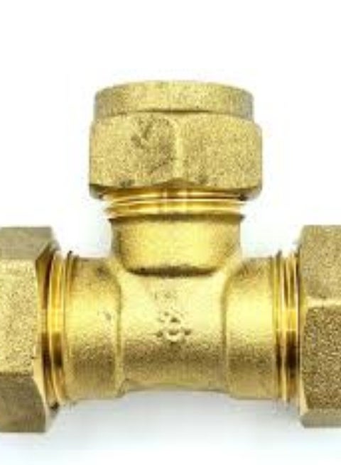 KNP Male Tee Adapter in Brass with Copper fittings is designed to connect three sections of pipe or tubing, creating a tee junction with male threads.