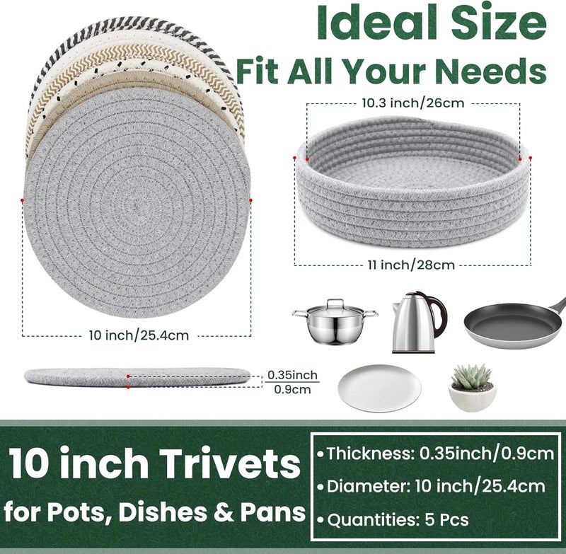 KITLAB 10 Inch Trivets for Hot Dishes, Hot Pots and Pans, Extra Large Thick Heat Resistant Large Coaster, Hot Pads, Kitchen Essentials, Pot Holders for Countertop with Storage Basket, 5 Pcs - Image 2