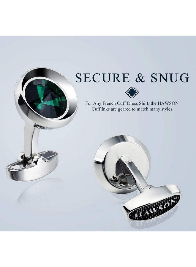 هاوسن أزرار أكمام للرجال - لون فضي عصري مع كريستالات سواروفسكي الزمردية، أزرار أكمام القمصان الفرنسية للرجال لحفلات الزفاف العادية - Image 3