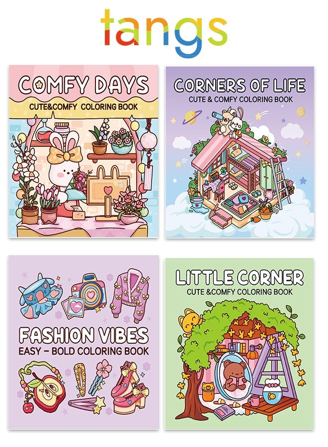 ملقط مجموعة هدايا كتب تلوين لطيفة ومريحة (4 كتب - 40 صفحة لكل كتاب) - أيام مريحة، زاوية الحياة، موضة أنيقة، ركن صغير - ورق سميك، تصميم صفحة واحدة، تخفيف التوتر للكبار والأطفال - هدية إبداعية مثالية للفنانين والعائلات - Image 1