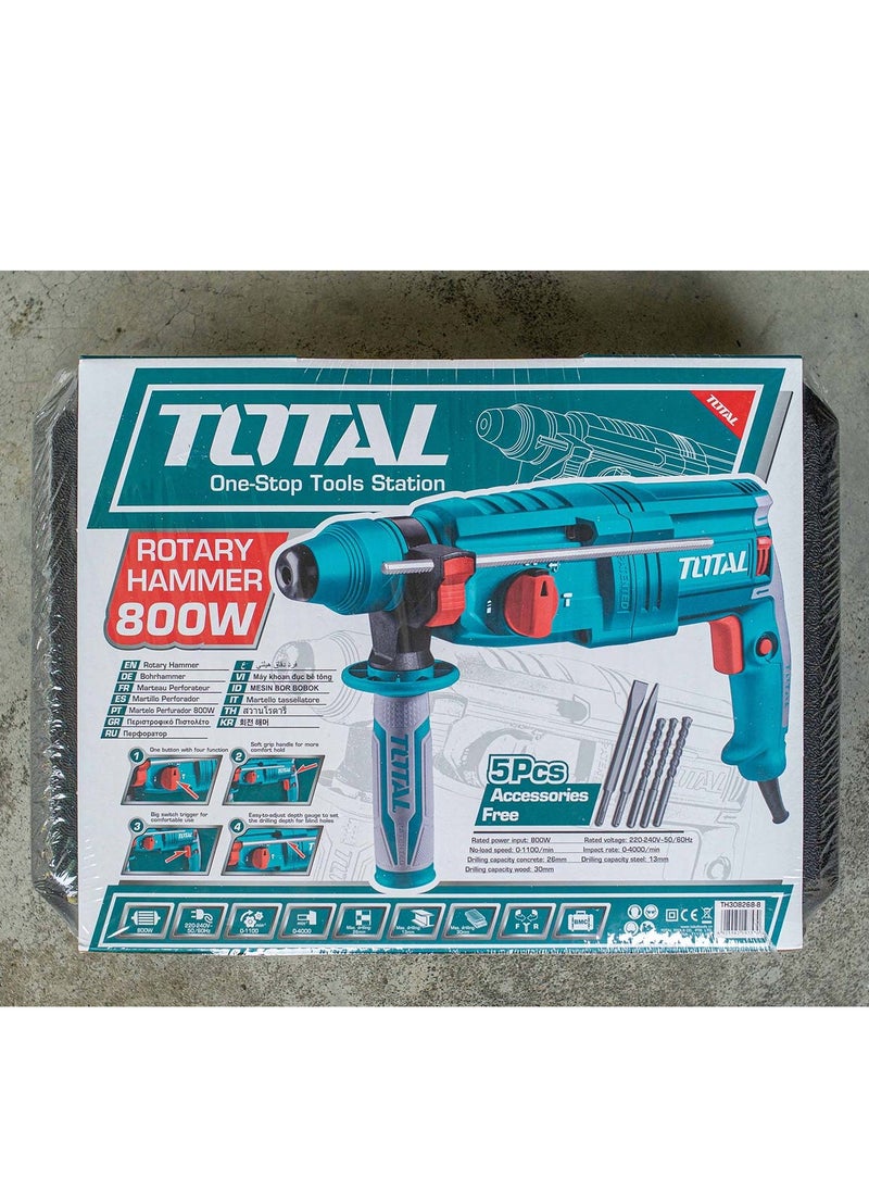 TOTAL - TOTAL Rotary Hammer 800W – SDS Plus Chuck System, 2.5J Impact Energy, 0-4000 BPM, Max Drilling Capacity 26mm Concrete, Includes 3 Drills, 2 Chisels & Extra Carbon Brushes – Powerful Tool for Drilling & Chiseling - Image 1