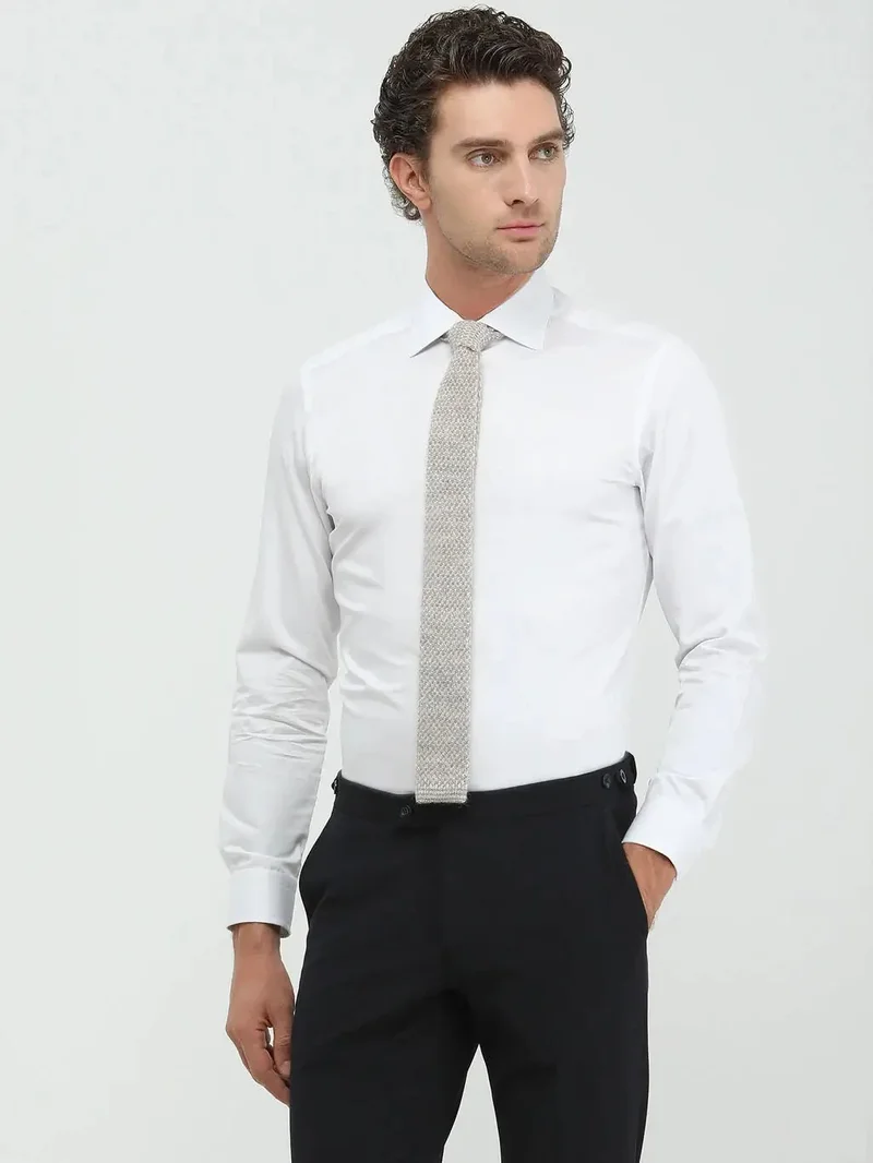 Kip White Plain Slim Fit Weaving Classical 100% Cotton Shirt