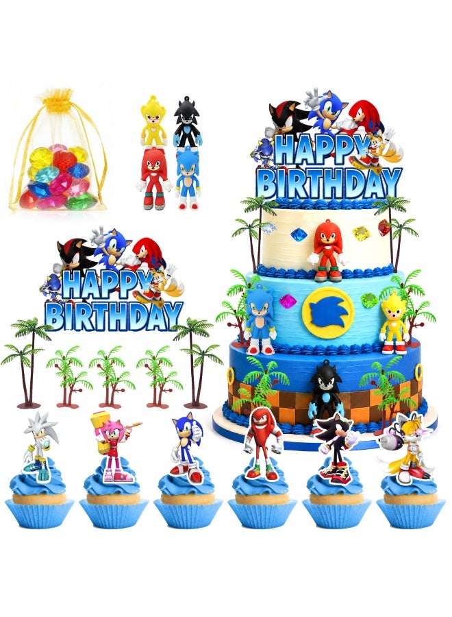 Sonic Cake Decorations Set, Hedgehog Birthday Cake Topper Kit, Character Paper Cupcake Toppers, Silicone Figurines, Palm Tree Decor & Crystal Gem Ornaments, Kids Video Game Themed Party Supplies for Sonic Birthday Celebration - Image 1