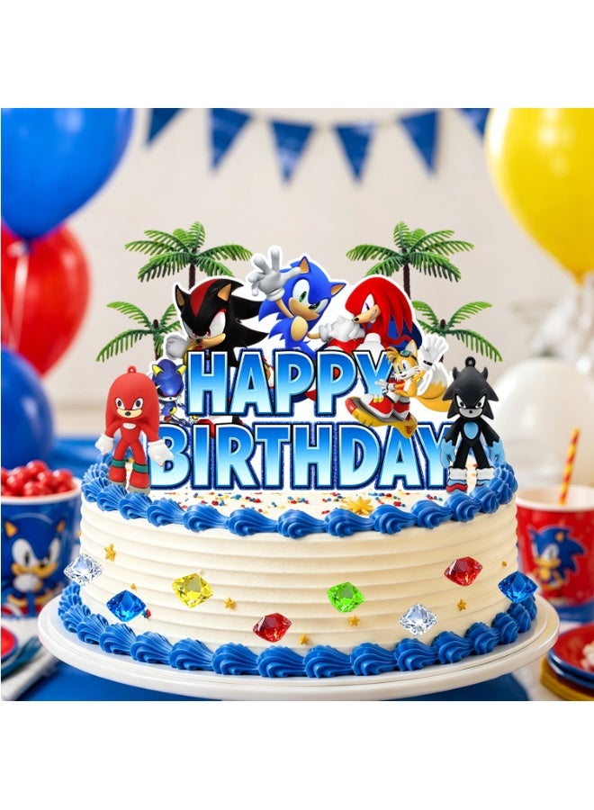 Sonic Cake Decorations Set, Hedgehog Birthday Cake Topper Kit, Character Paper Cupcake Toppers, Silicone Figurines, Palm Tree Decor & Crystal Gem Ornaments, Kids Video Game Themed Party Supplies for Sonic Birthday Celebration - Image 3