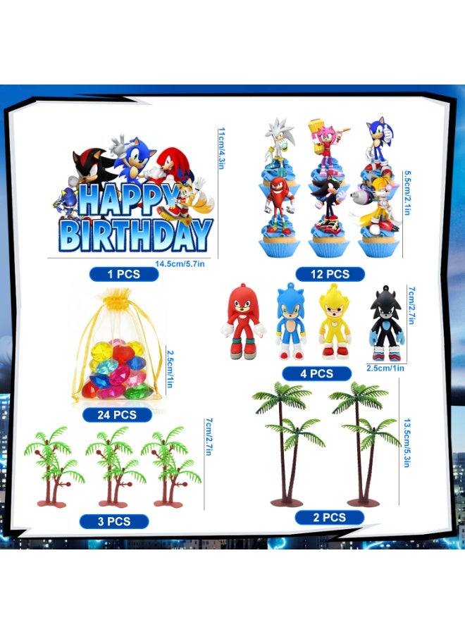 Sonic Cake Decorations Set, Hedgehog Birthday Cake Topper Kit, Character Paper Cupcake Toppers, Silicone Figurines, Palm Tree Decor & Crystal Gem Ornaments, Kids Video Game Themed Party Supplies for Sonic Birthday Celebration - Image 2