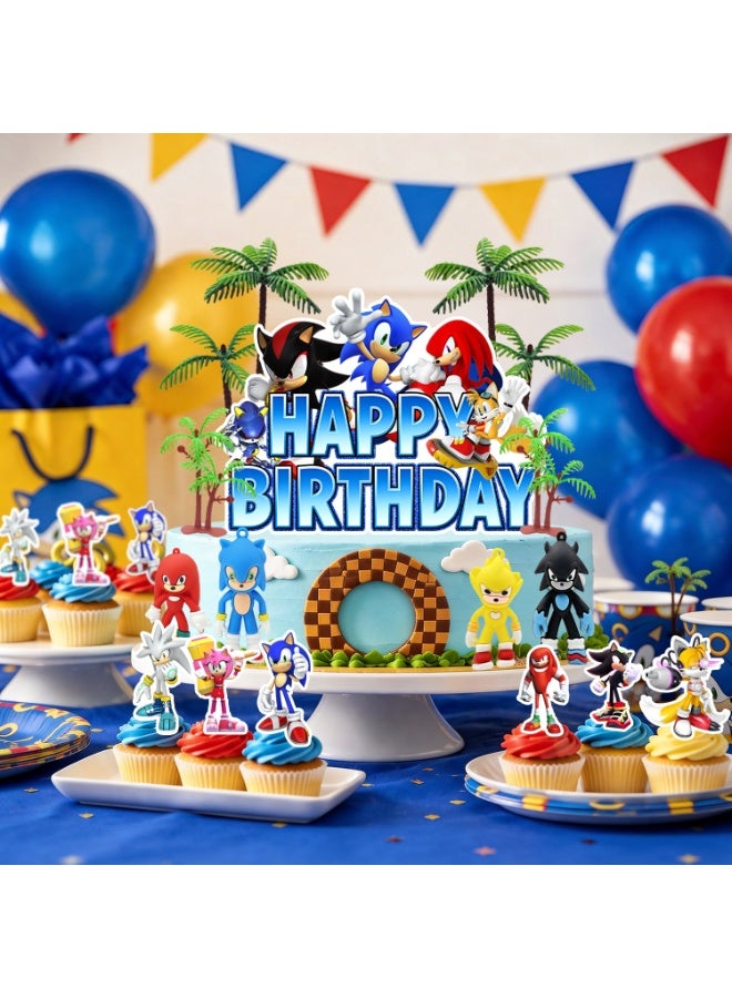 Sonic Cake Decorations Set, Hedgehog Birthday Cake Topper Kit, Character Paper Cupcake Toppers, Silicone Figurines, Palm Tree Decor & Crystal Gem Ornaments, Kids Video Game Themed Party Supplies for Sonic Birthday Celebration - Image 4