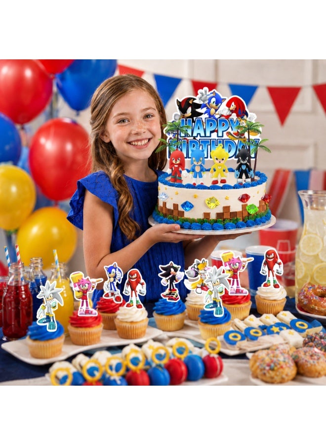 Sonic Cake Decorations Set, Hedgehog Birthday Cake Topper Kit, Character Paper Cupcake Toppers, Silicone Figurines, Palm Tree Decor & Crystal Gem Ornaments, Kids Video Game Themed Party Supplies for Sonic Birthday Celebration - Image 5