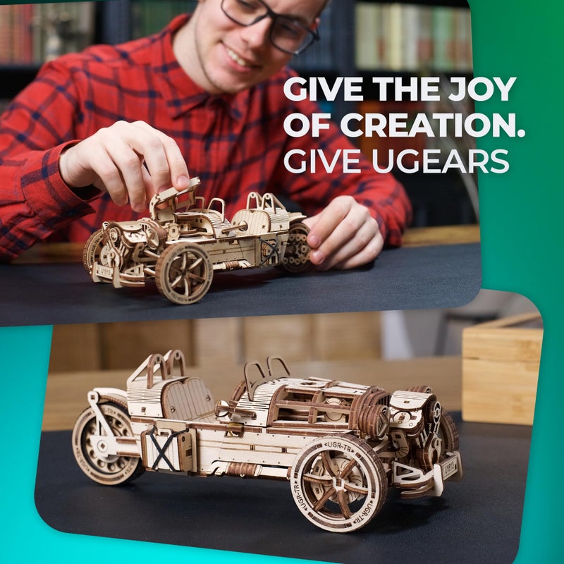 UGEARS Three-Wheeler UGR-S Motorcycle Model Wooden 3D Puzzles for Adults - Wooden Model Kits for Adults Motorcycle Gifts for Men Kit with Spring Motor, Functional Steering Chain Drive DIY Model - Image 4