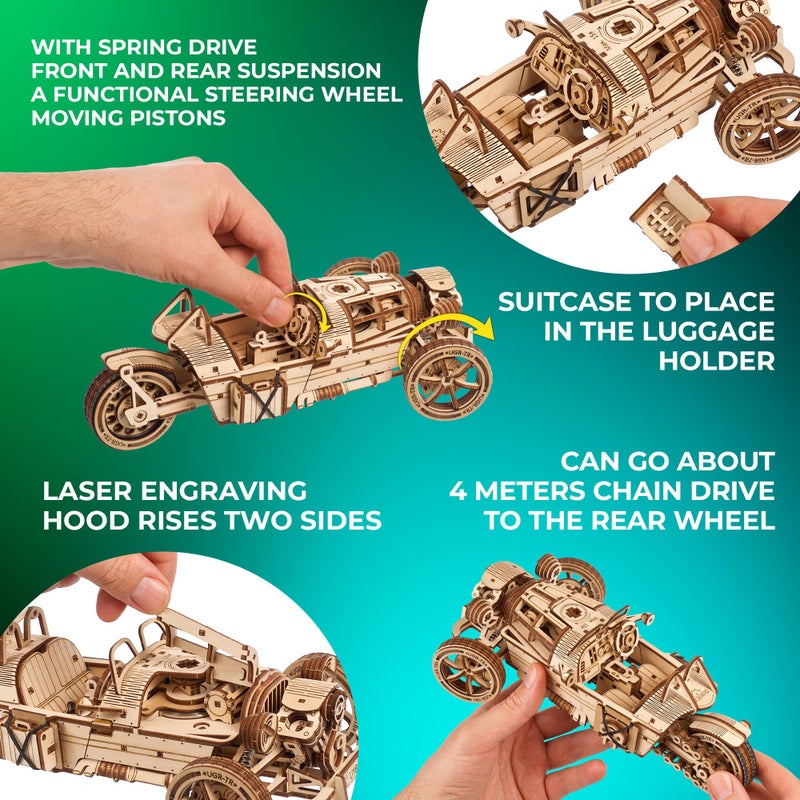 UGEARS Three-Wheeler UGR-S Motorcycle Model Wooden 3D Puzzles for Adults - Wooden Model Kits for Adults Motorcycle Gifts for Men Kit with Spring Motor, Functional Steering Chain Drive DIY Model - Image 2