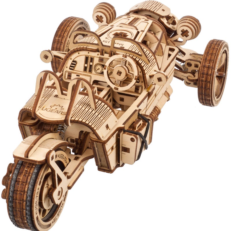 UGEARS Three-Wheeler UGR-S Motorcycle Model Wooden 3D Puzzles for Adults - Wooden Model Kits for Adults Motorcycle Gifts for Men Kit with Spring Motor, Functional Steering Chain Drive DIY Model - Image 1