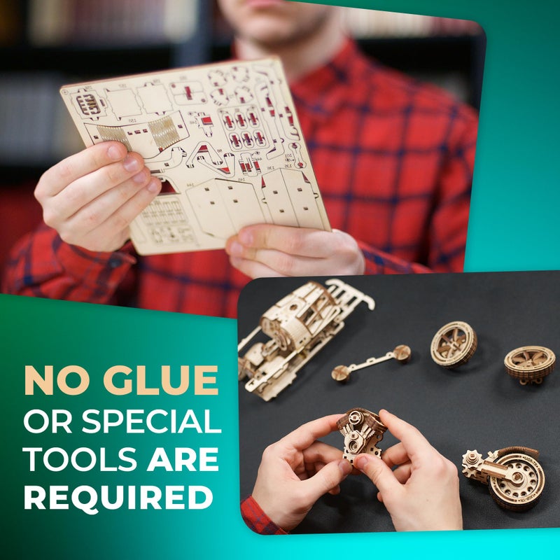 UGEARS Three-Wheeler UGR-S Motorcycle Model Wooden 3D Puzzles for Adults - Wooden Model Kits for Adults Motorcycle Gifts for Men Kit with Spring Motor, Functional Steering Chain Drive DIY Model - Image 5