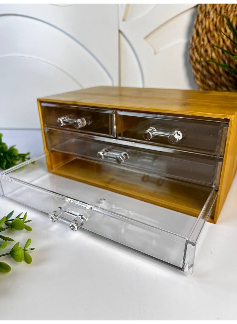 This bamboo wood organizer with raw acrylic drawers is very versatile and practical for storing accessories, jewelry, makeup, brushes, hair clips, and other small items. It's also a very practical size: 23 x 14 cm, 10 cm high. - Image 2