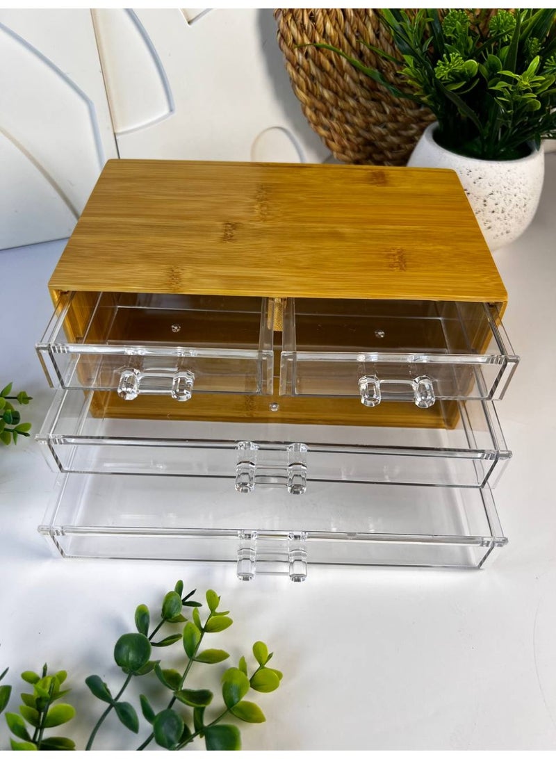 This bamboo wood organizer with raw acrylic drawers is very versatile and practical for storing accessories, jewelry, makeup, brushes, hair clips, and other small items. It's also a very practical size: 23 x 14 cm, 10 cm high. - Image 3