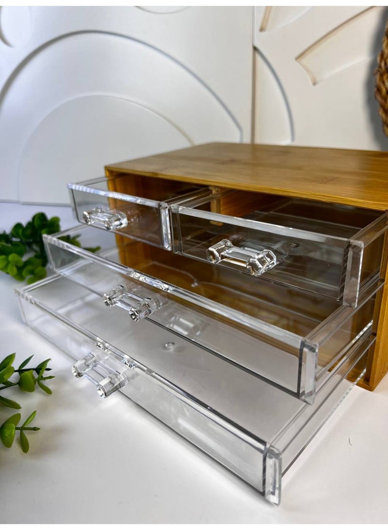 This bamboo wood organizer with raw acrylic drawers is very versatile and practical for storing accessories, jewelry, makeup, brushes, hair clips, and other small items. It's also a very practical size: 23 x 14 cm, 10 cm high. - Image 5