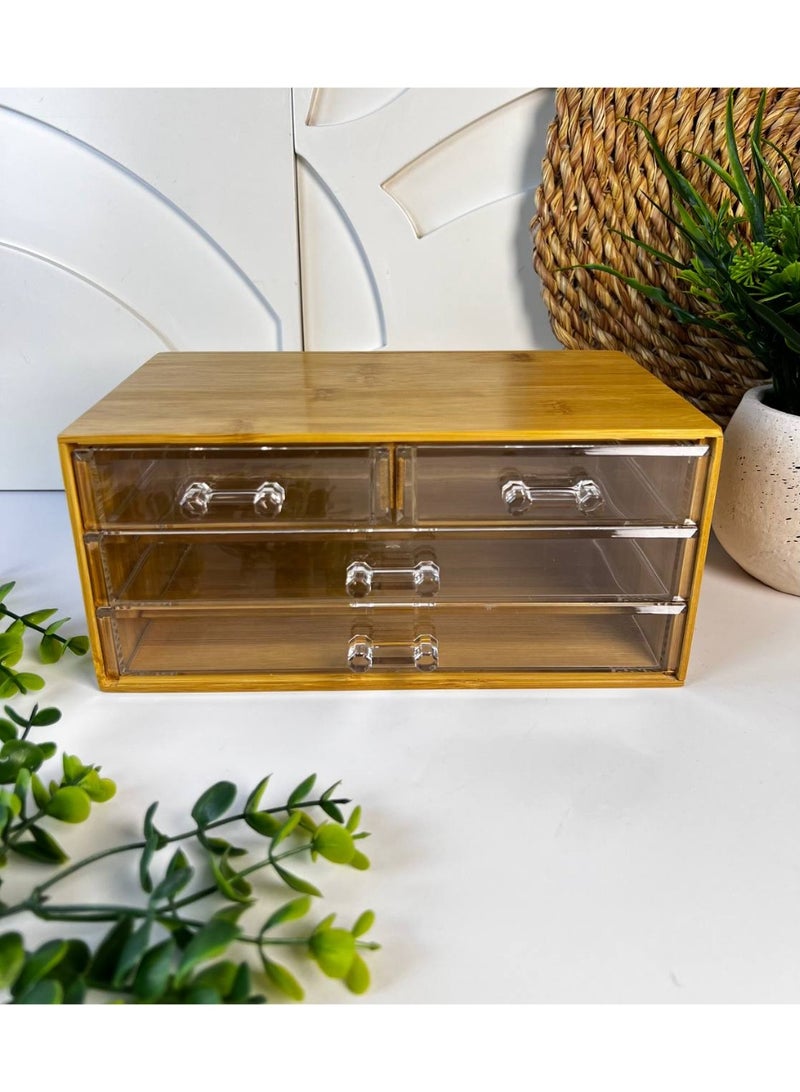 This bamboo wood organizer with raw acrylic drawers is very versatile and practical for storing accessories, jewelry, makeup, brushes, hair clips, and other small items. It's also a very practical size: 23 x 14 cm, 10 cm high. - Image 1