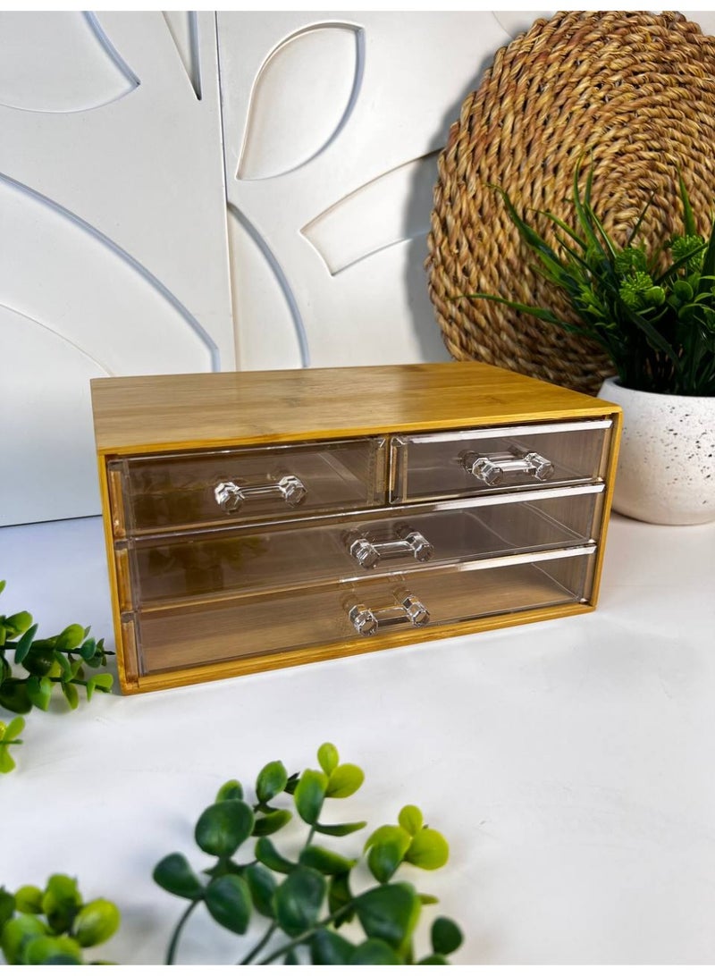This bamboo wood organizer with raw acrylic drawers is very versatile and practical for storing accessories, jewelry, makeup, brushes, hair clips, and other small items. It's also a very practical size: 23 x 14 cm, 10 cm high. - Image 4